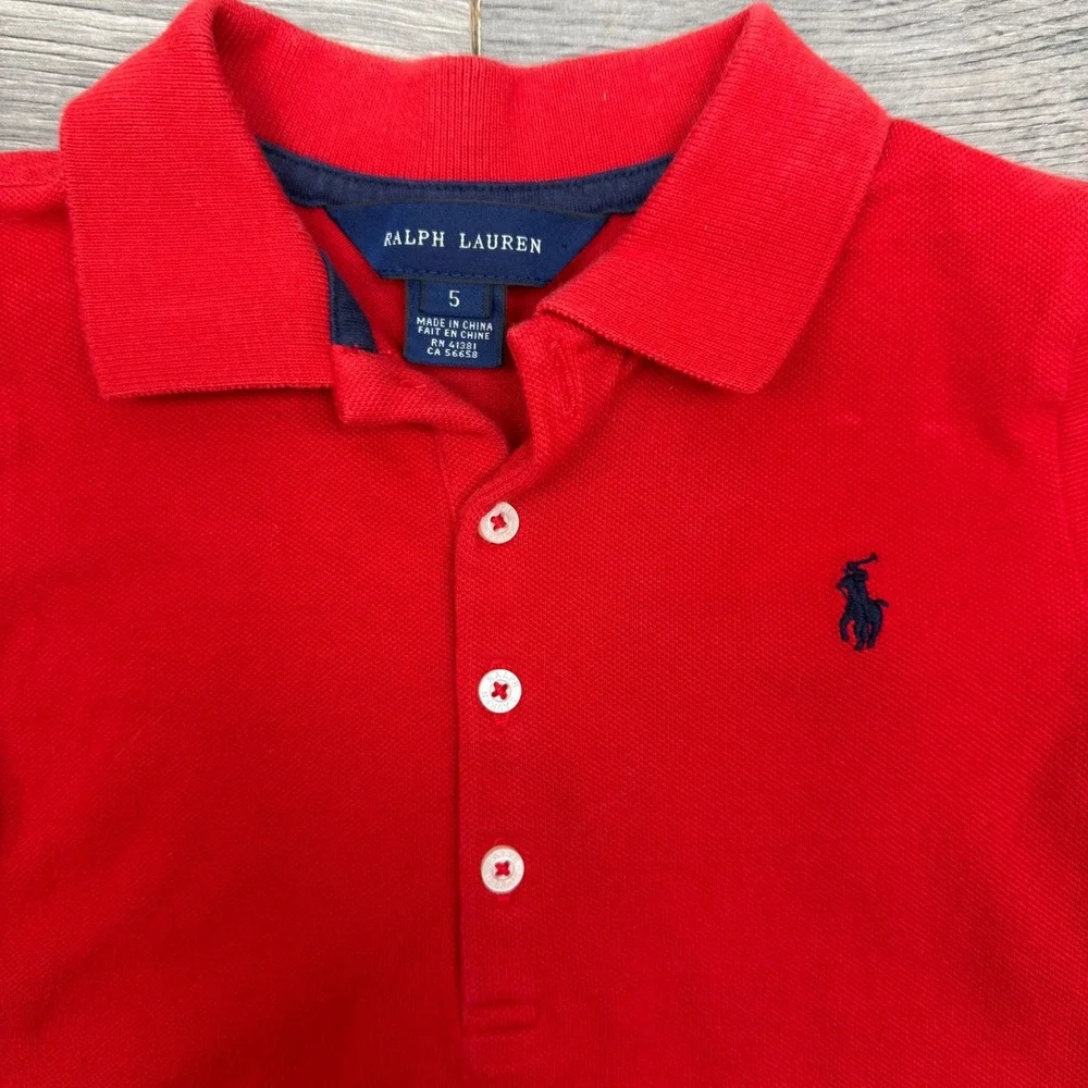 Kids Ralph Lauren‎ Red Short Sleeve Polo Shirt Navy Embroidered Pony Logo Size 5